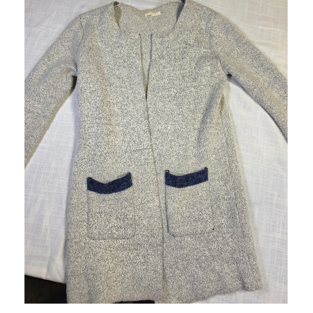 HYPR Grey Marl Knit Open Front Longline Cardigan Sweater Navy Trim Pockets